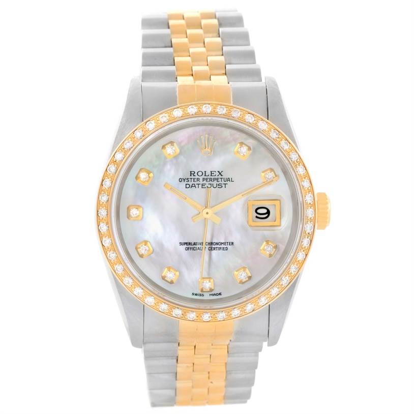 The Rolex Datejust 16233 Men
s Steel and Gold (two tone) Mother of Pearl Dial 16233 Men
s Steel and Gold (two tone) Mother of Pearl Dial watch is shown from a front angle, highlighting the dial, bezel, and bracelet.