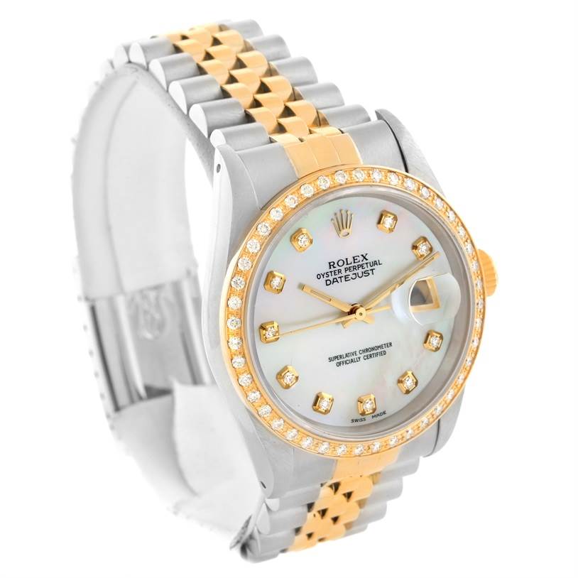 The Rolex Datejust 16233 Men
s Steel and Gold (two tone) Mother of Pearl Dial 16233 Men
s Steel and Gold (two tone) Mother of Pearl Dial watch is shown at a three-quarter angle, displaying its face, bezel, and bracelet.