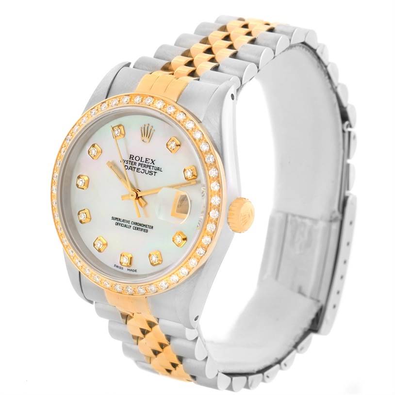 The image shows a Rolex Datejust 16233 Men
s Steel and Gold (two tone) Mother of Pearl Dial 16233 Men
s Steel and Gold (two tone) Mother of Pearl Dial watch at a three-quarter angle, highlighting the face, dial, bezel, crown, and bracelet.