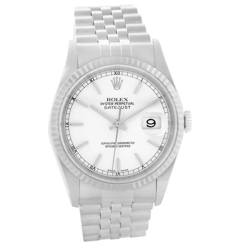 The image shows a front view of a Rolex Datejust 16234 Men
s Stainless Steel White Dial 16234 Men
s Stainless Steel White Dial watch showcasing its dial, bezel, crown, and bracelet.