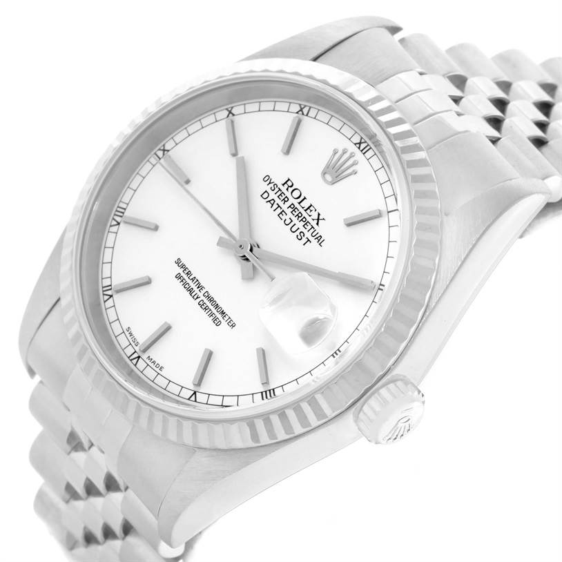 The image shows a Rolex Datejust 16234 Men
s Stainless Steel White Dial 16234 Men
s Stainless Steel White Dial watch from an angled side view, highlighting its bezel, dial, crown, and bracelet.
