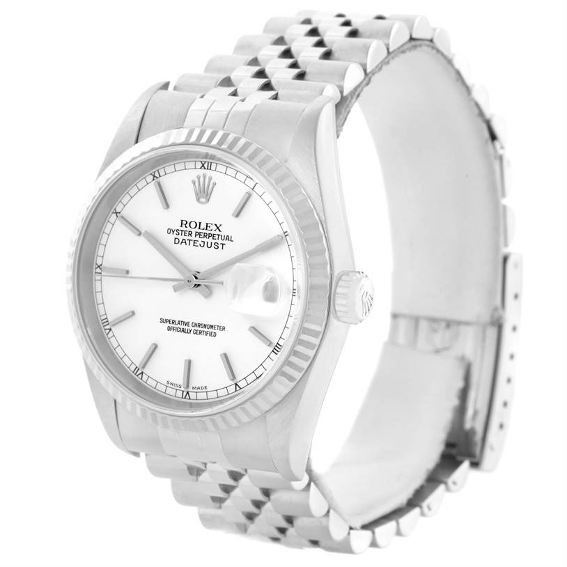 The image shows a Rolex Datejust 16234 Men
s Stainless Steel White Dial 16234 Men
s Stainless Steel White Dial watch at an angled view, highlighting the dial, bezel, crown, and part of the bracelet.