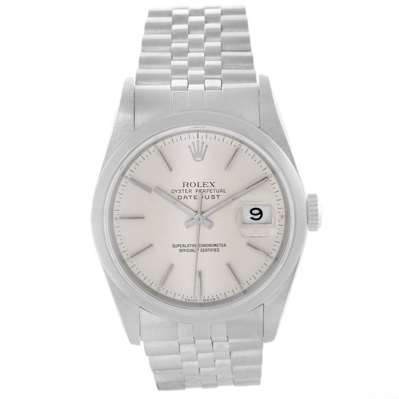 This image shows a front view of a Rolex Datejust 16200 Men's Stainless Steel Silver Dial 16200 Men's Stainless Steel Silver Dial watch, displaying its dial, hands, date window, and bracelet.