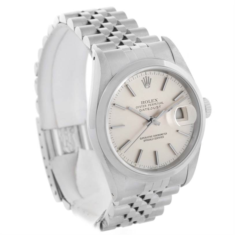 This Rolex Datejust 16200 Men's Stainless Steel Silver Dial 16200 Men's Stainless Steel Silver Dial watch is shown at a slight angle, highlighting the dial, bezel, crown, and bracelet.