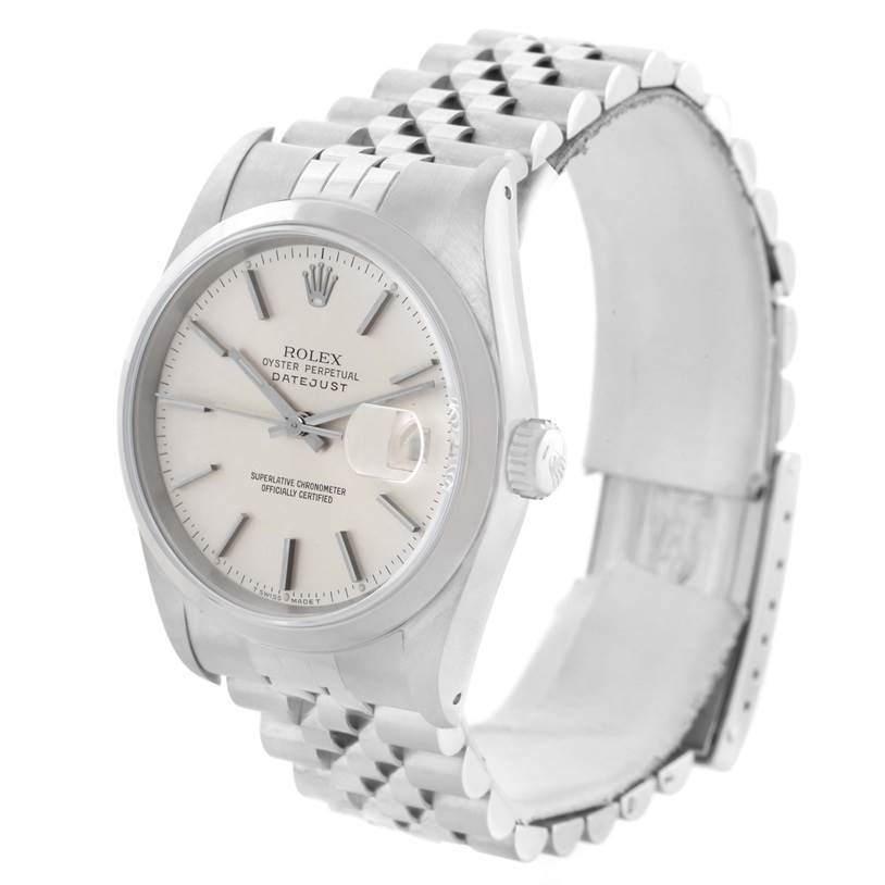 The image shows the Rolex Datejust 16200 Men's Stainless Steel Silver Dial 16200 Men's Stainless Steel Silver Dial watch at a three-quarter angle, highlighting the dial, bezel, case, and bracelet.