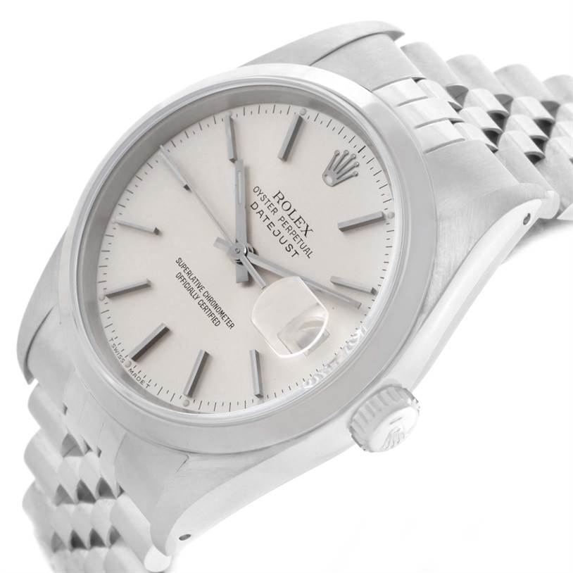 The image shows a Rolex Datejust 16200 Men's Stainless Steel Silver Dial 16200 Men's Stainless Steel Silver Dial watch angled to display the face, crown, and some of the bracelet.
