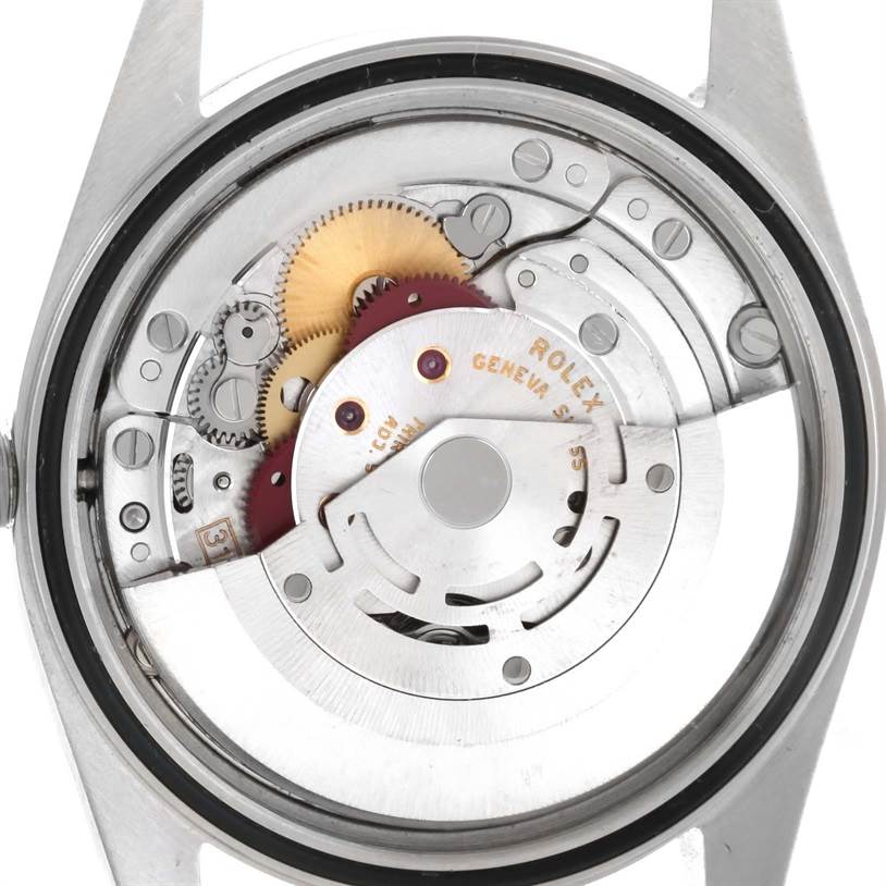 This image shows the internal mechanism and movement of a Rolex Datejust 16200 Men's Stainless Steel Silver Dial 16200 Men's Stainless Steel Silver Dial watch from a rear angle with the case back removed.