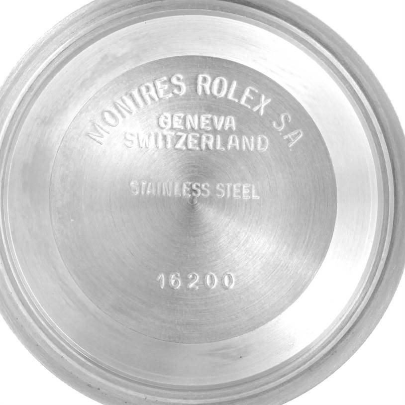 This image shows the inside of the case back of a Rolex Datejust 16200 Men's Stainless Steel Silver Dial 16200 Men's Stainless Steel Silver Dial model, featuring model number 16200 and branding details.