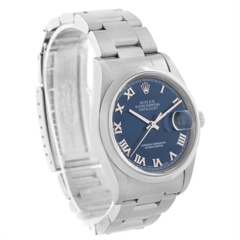 The Rolex Datejust 16200 Men's Stainless Steel Blue Dial 16200 Men's Stainless Steel Blue Dial watch is shown at an angled side view, featuring its bracelet, case, and blue dial with Roman numerals.