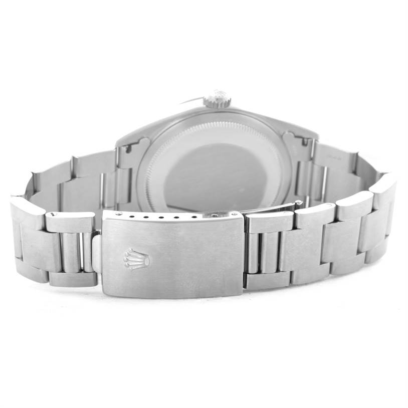 The image shows the back case and bracelet clasp of a Rolex Datejust 16200 Men's Stainless Steel Blue Dial 16200 Men's Stainless Steel Blue Dial watch from a rear angle.