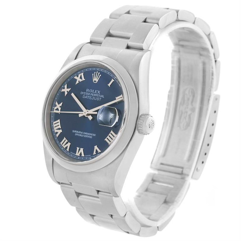 Rolex Datejust Mens Stainless Steel Blue Roman Dial Watch 16200 SwissWatchExpo