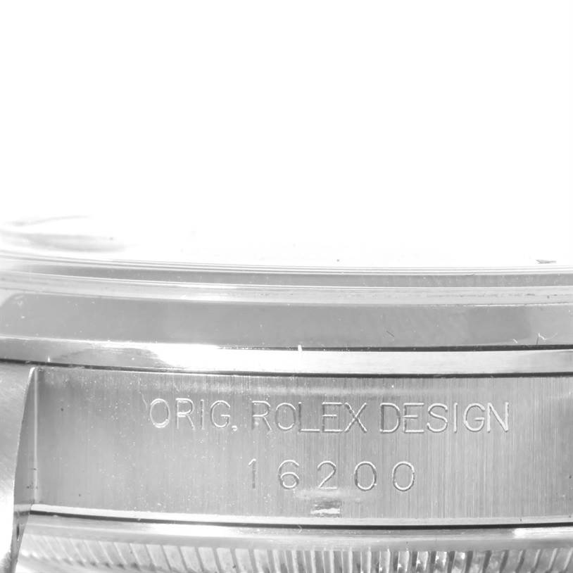 The image shows a close-up of the case side of a Rolex Datejust 16200 Men's Stainless Steel Blue Dial 16200 Men's Stainless Steel Blue Dial model, featuring the engraved model number "16200."