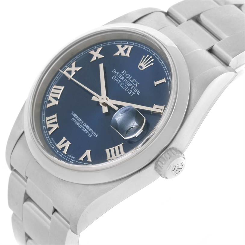 This image shows a Rolex Datejust 16200 Men's Stainless Steel Blue Dial 16200 Men's Stainless Steel Blue Dial model watch from an angled top-front view, highlighting the blue dial, Roman numerals, and bracelet.