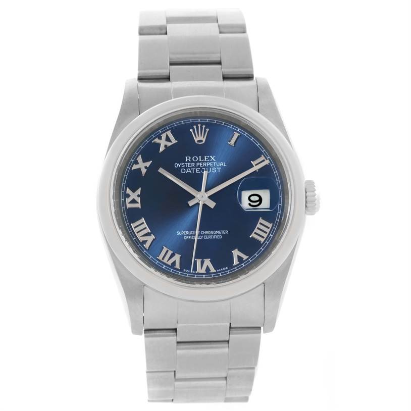 This image shows a front view of a Rolex Datejust 16200 Men's Stainless Steel Blue Dial 16200 Men's Stainless Steel Blue Dial watch, highlighting its silver strap, blue dial, and date display.