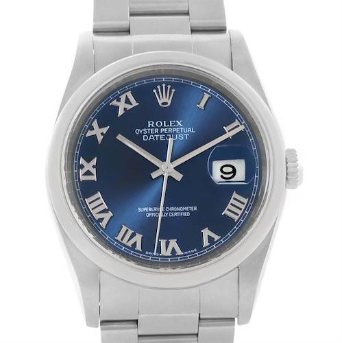 Photo of Rolex Datejust Mens Stainless Steel Blue Roman Dial Watch 16200