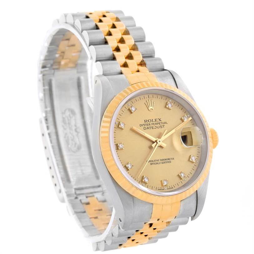 The Rolex Datejust 16233 Men's Steel and Gold (two tone) Champagne Dial 16233 Men's Steel and Gold (two tone) Champagne Dial watch is shown at an angle displaying the face, bezel, crown, and two-tone metal bracelet.