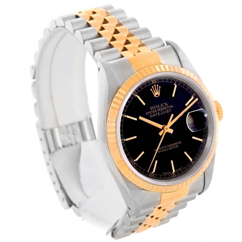 This Rolex Datejust 16233 Men's Steel and Gold (two tone) Black Dial 16233 Men's Steel and Gold (two tone) Black Dial watch is shown at a three-quarter angle, highlighting the two-tone bracelet and black dial.