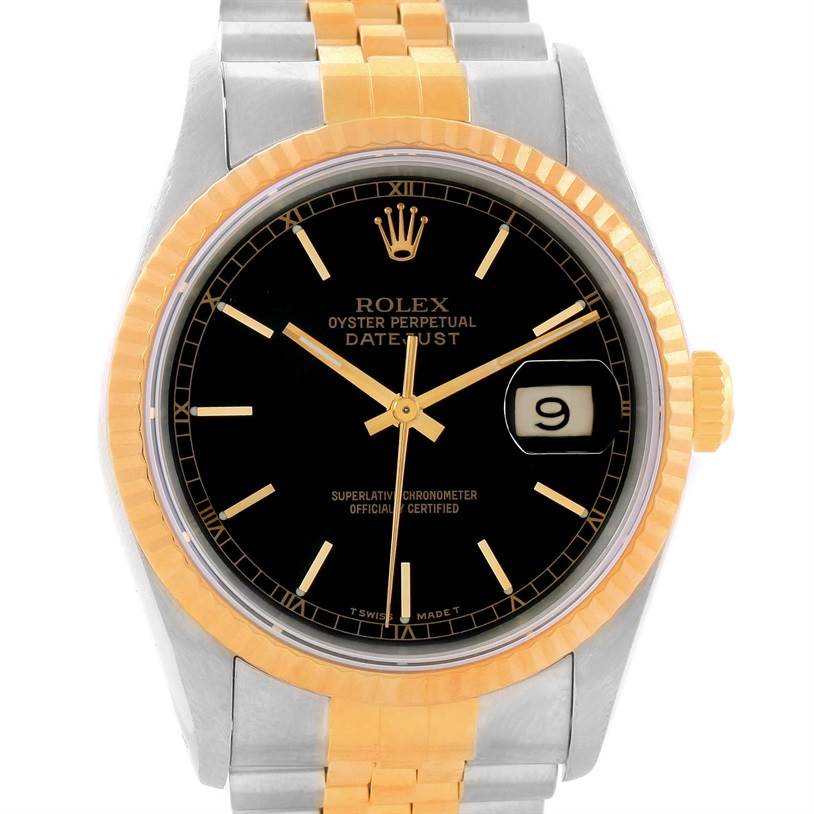 The Rolex Datejust 16233 Men's Steel and Gold (two tone) Black Dial 16233 Men's Steel and Gold (two tone) Black Dial watch is shown from the front angle, highlighting its black dial, gold bezel, and two-tone bracelet.
