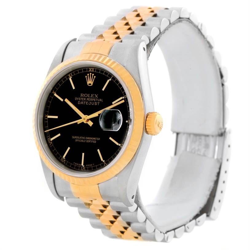 The image shows a Rolex Datejust 16233 Men's Steel and Gold (two tone) Black Dial 16233 Men's Steel and Gold (two tone) Black Dial watch at a three-quarter angle, highlighting its black dial, gold bezel, and two-tone bracelet.