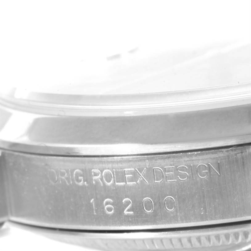 The image shows a close-up side view of the case and bezel of the Rolex Datejust 16200 Men's Stainless Steel Blue Dial 16200 Men's Stainless Steel Blue Dial model, highlighting the model number 16200.