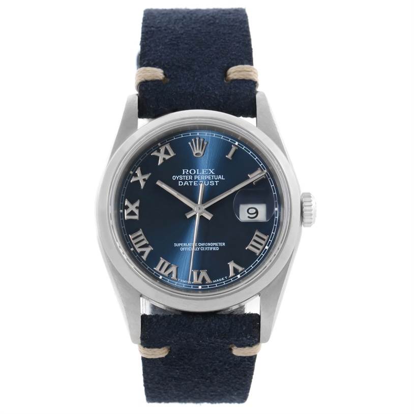 The image shows a front view of a Rolex Datejust 16200 Men's Stainless Steel Blue Dial 16200 Men's Stainless Steel Blue Dial watch with a blue dial and Roman numerals.