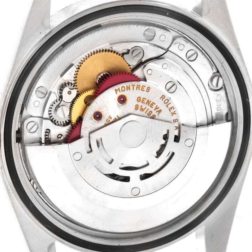 This image shows an inside view of the Rolex Datejust 16200 Men's Stainless Steel Blue Dial 16200 Men's Stainless Steel Blue Dial model, highlighting its mechanical movement components.