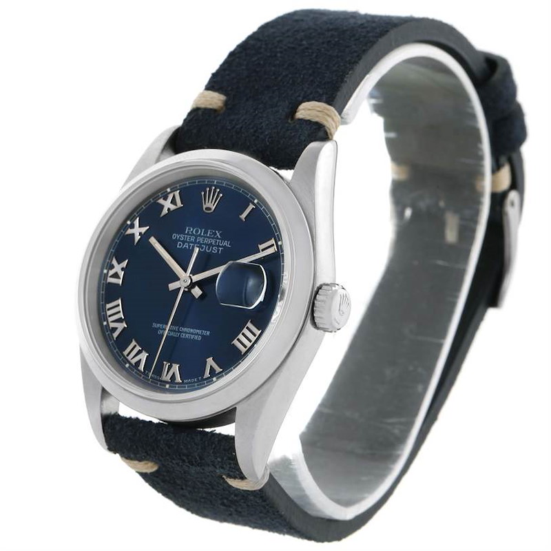 Rolex Datejust Steel Blue Roman Dial Leather Strap Mens Watch 16200 SwissWatchExpo