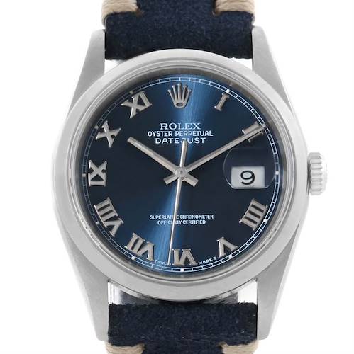 Photo of Rolex Datejust Steel Blue Roman Dial Leather Strap Mens Watch 16200