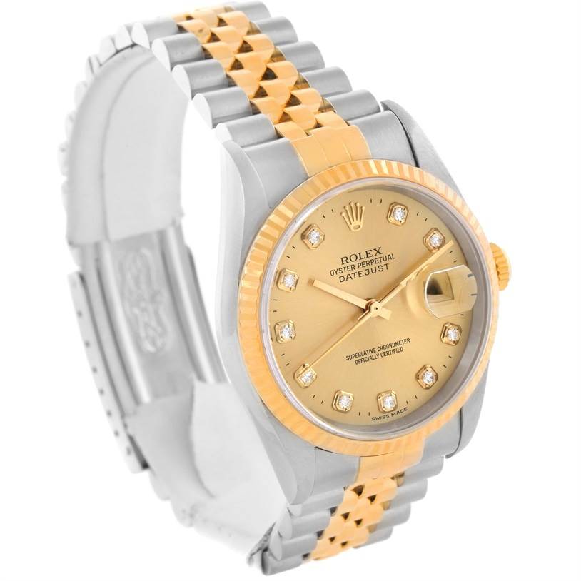 This image shows a Rolex Datejust 16233 Men's Steel and Gold (two tone) Champagne Dial 16233 Men's Steel and Gold (two tone) Champagne Dial watch from a three-quarter front angle, highlighting the face, bezel, and bracelet.