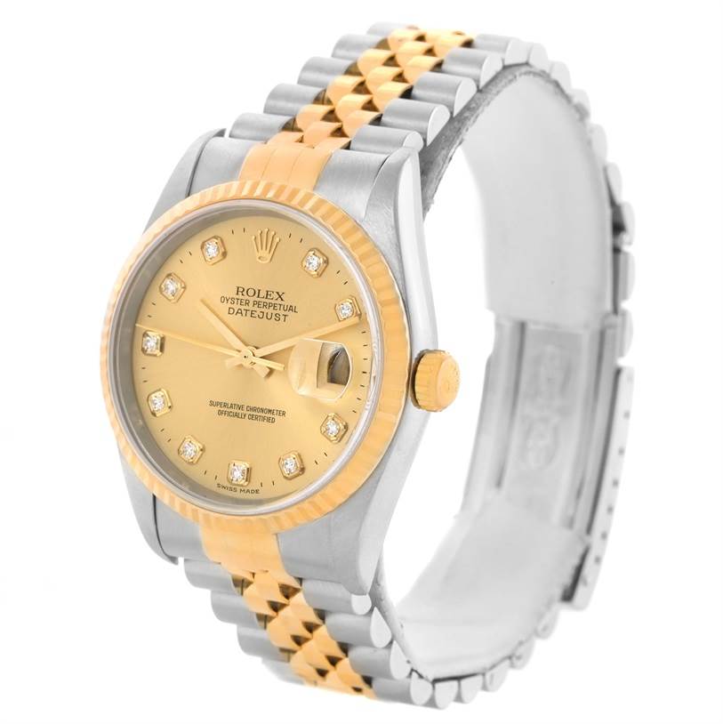 The Rolex Datejust 16233 Men's Steel and Gold (two tone) Champagne Dial 16233 Men's Steel and Gold (two tone) Champagne Dial watch is shown at a three-quarter angle, highlighting its gold dial, date display, and two-tone bracelet.