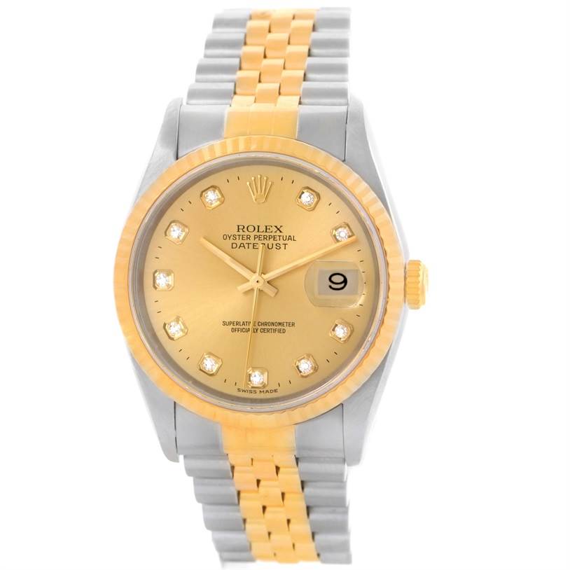 The Rolex Datejust 16233 Men's Steel and Gold (two tone) Champagne Dial 16233 Men's Steel and Gold (two tone) Champagne Dial model watch is shown from a front angle, displaying the dial, bezel, and bracelet in gold and silver tones.