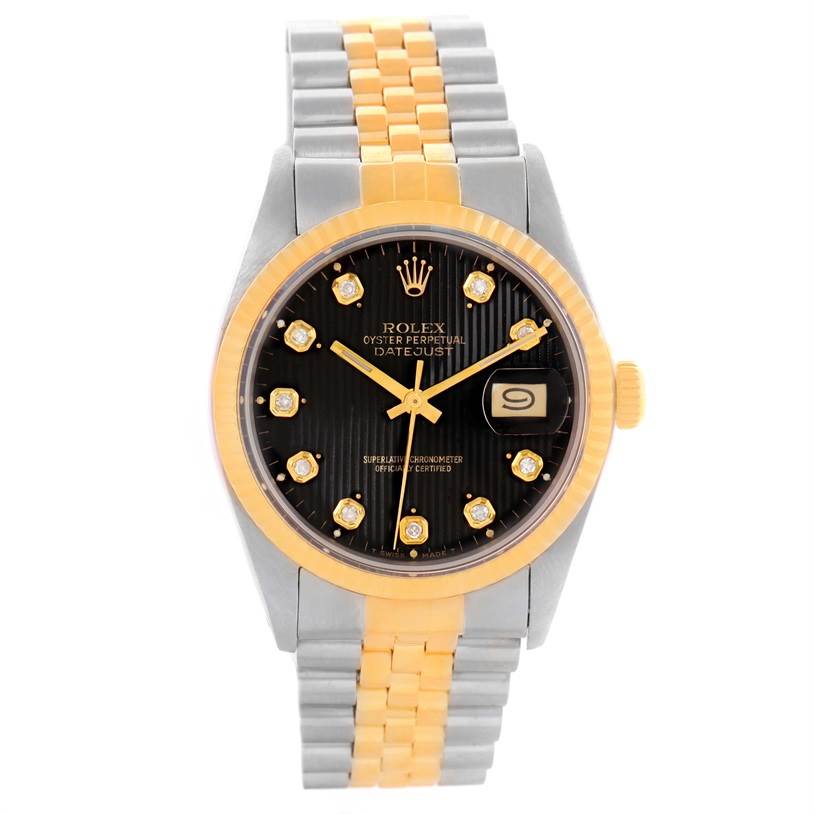 This image shows a front view of the Rolex Datejust 16013 Men
s Stainless Steel Black Dial 16013 Men
s Stainless Steel Black Dial watch, featuring a black dial, gold and silver bracelet, and a date window.