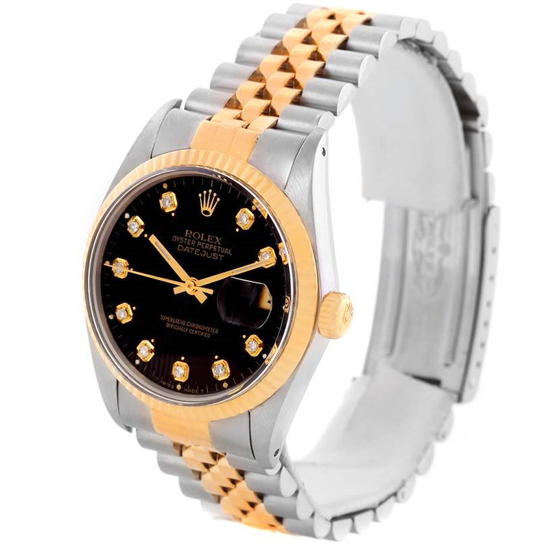 The image shows a Rolex Datejust model watch at a front-left angle, displaying its face, bezel, and two-tone bracelet.