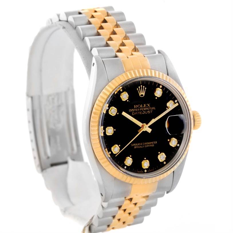 The Rolex Datejust 16013 Men
s Stainless Steel Black Dial 16013 Men
s Stainless Steel Black Dial watch is shown at an angle, displaying its black dial, gold markers, fluted bezel, and two-tone bracelet.