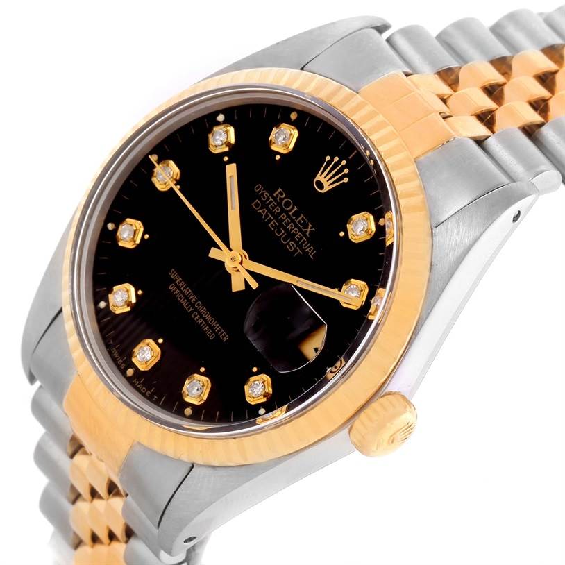 The image shows a Rolex Datejust 16013 Men
s Stainless Steel Black Dial 16013 Men
s Stainless Steel Black Dial watch angled from the front-left, displaying its black dial, diamond hour markers, and two-tone bracelet.