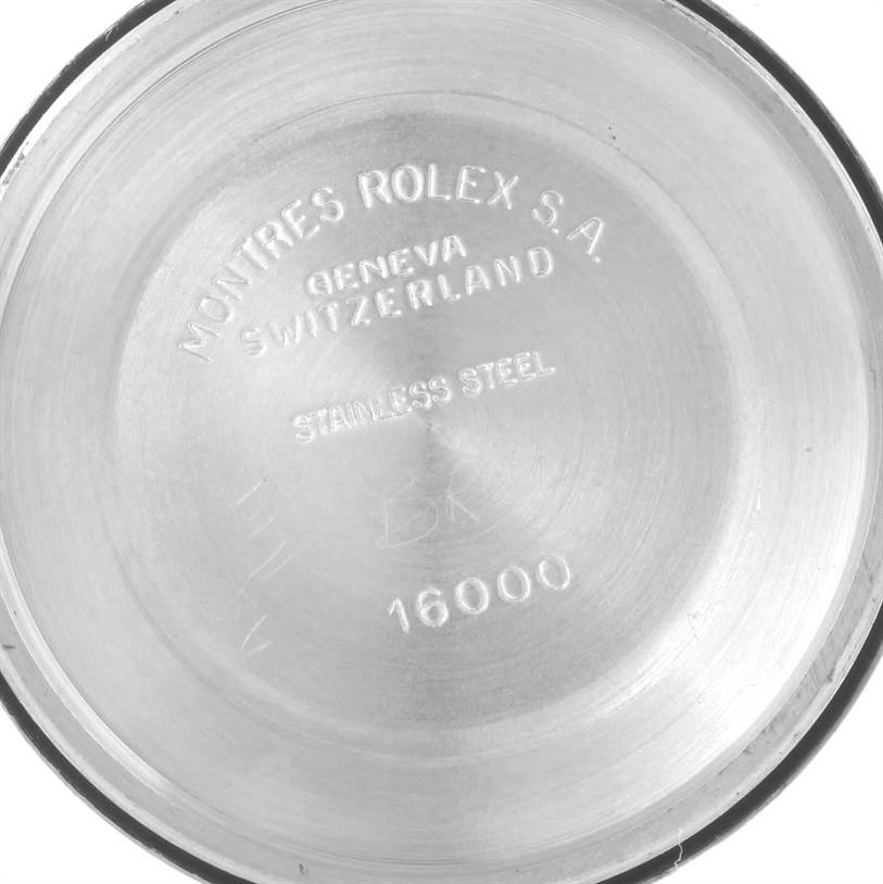 This is an image of the inside case back of a Rolex Datejust 16013 Men
s Stainless Steel Black Dial 16013 Men
s Stainless Steel Black Dial watch, showing engraved details including the model number 16000.