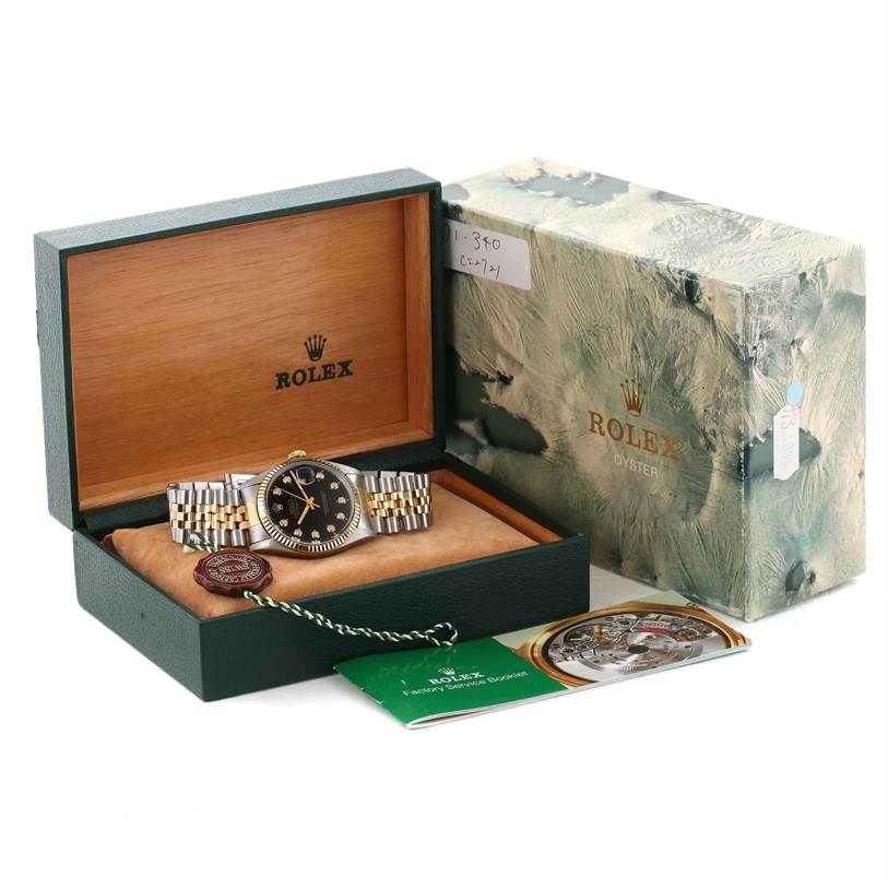 The Rolex Datejust 16013 Men
s Stainless Steel Black Dial 16013 Men
s Stainless Steel Black Dial watch is displayed in an open box with its packaging, manuals, and an Best Quality
ation tag.