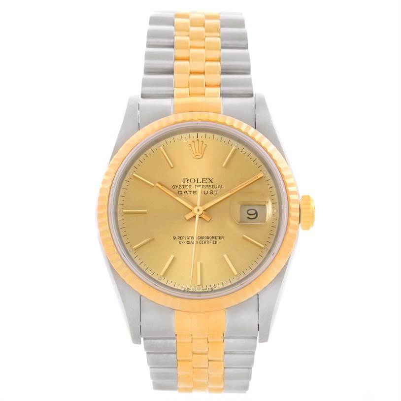 The image shows a front view of a Rolex Datejust 16233 Men's Steel and Gold (two tone) Champagne Dial 16233 Men's Steel and Gold (two tone) Champagne Dial watch, highlighting the dial, bezel, case, and Jubilee bracelet.