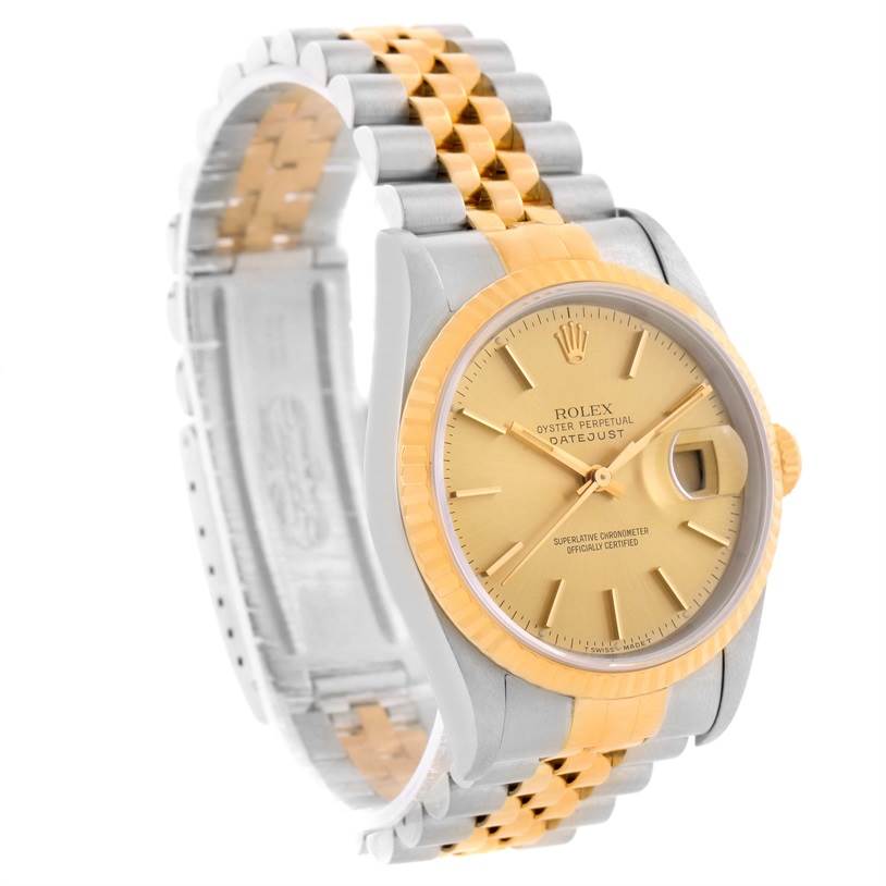 The image shows a side angle of a Rolex Datejust 16233 Men's Steel and Gold (two tone) Champagne Dial 16233 Men's Steel and Gold (two tone) Champagne Dial watch, displaying the dial, case, bezel, and two-tone bracelet.
