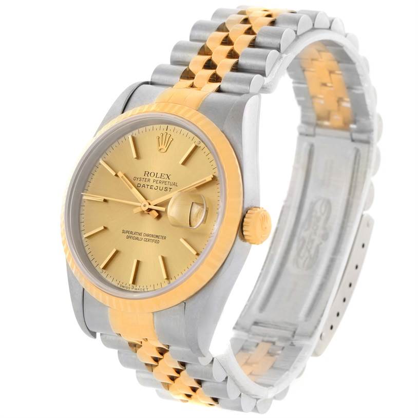 This image shows a side angle of a Rolex Datejust 16233 Men's Steel and Gold (two tone) Champagne Dial 16233 Men's Steel and Gold (two tone) Champagne Dial watch, highlighting its two-tone bracelet and golden dial.