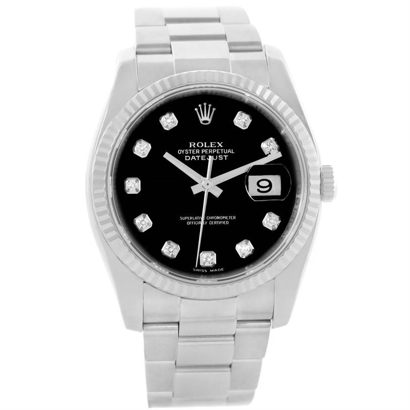 The image shows a front view of a Rolex Datejust 116234BKDO Men's Stainless Steel Silver Dial 116234BKDO Men's Stainless Steel Silver Dial watch, highlighting its dial, bezel, case, and bracelet.