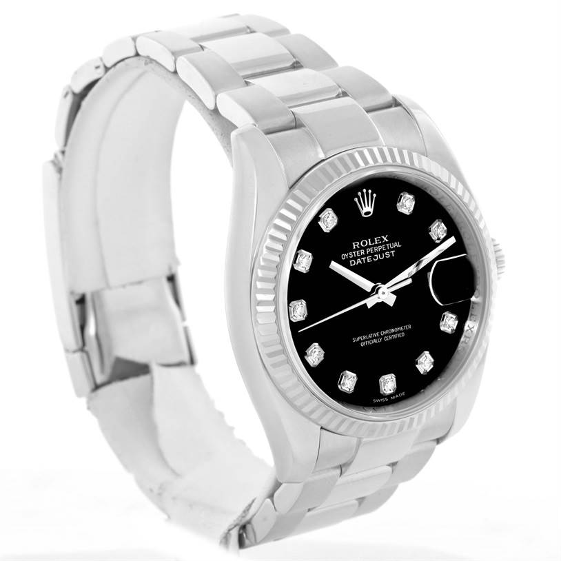 The Rolex Datejust 116234BKDO Men's Stainless Steel Silver Dial 116234BKDO Men's Stainless Steel Silver Dial watch is shown at a slight angled view, highlighting the bezel, bracelet, and clearly readable black dial.