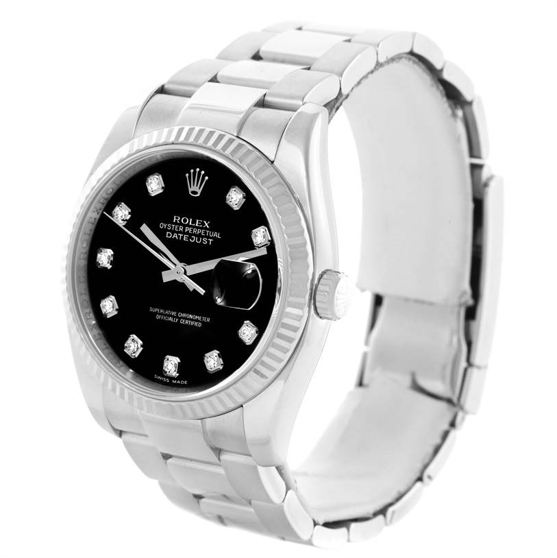 The image shows a front angle view of a Rolex Datejust 116234BKDO Men's Stainless Steel Silver Dial 116234BKDO Men's Stainless Steel Silver Dial watch, including the dial, bezel, and part of the bracelet.