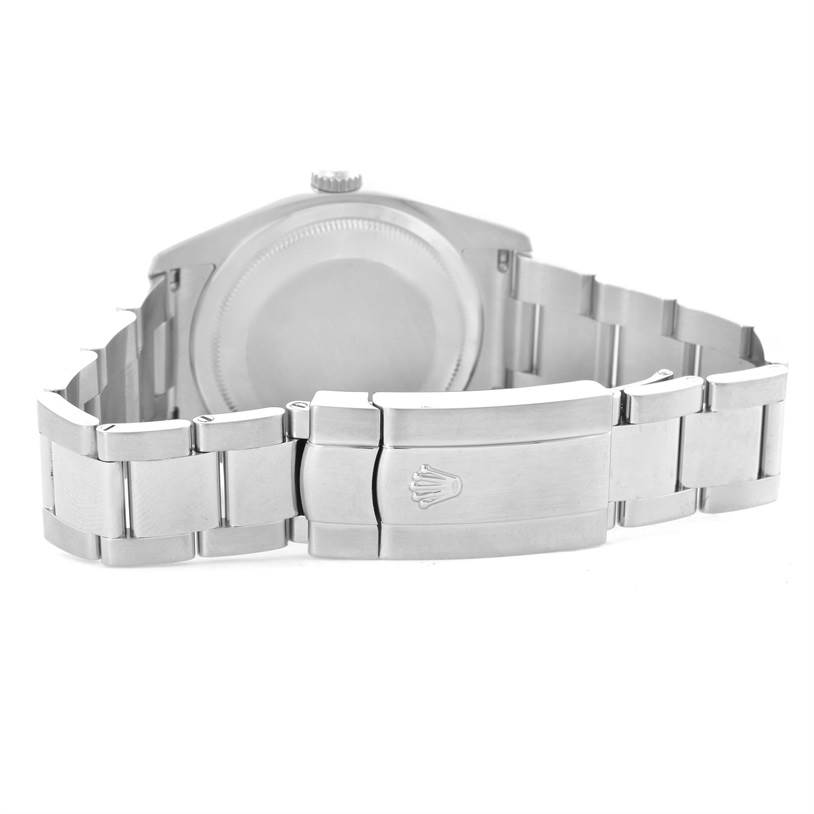 The image shows the back view of a Rolex Datejust 116234BKDO Men's Stainless Steel Silver Dial 116234BKDO Men's Stainless Steel Silver Dial with its clasp and bracelet visible.