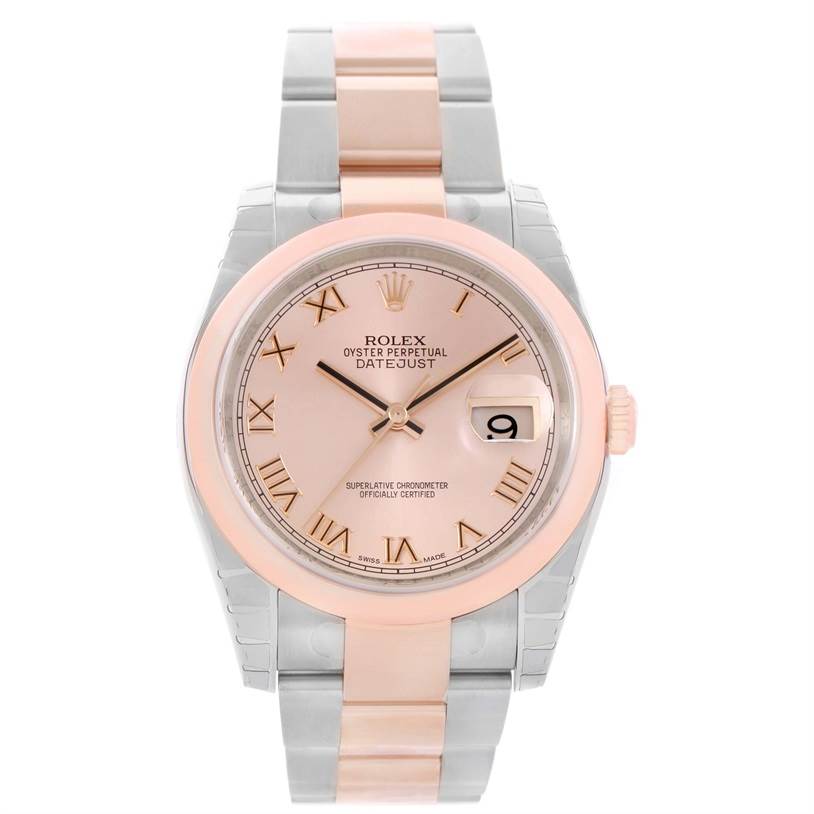 This image shows a front view of a Rolex Datejust 116201PKRO Men's Steel and Gold (two tone) Pink Dial 116201PKRO Men's Steel and Gold (two tone) Pink Dial watch, featuring a pink dial, Roman numerals, and a two-tone metal bracelet.