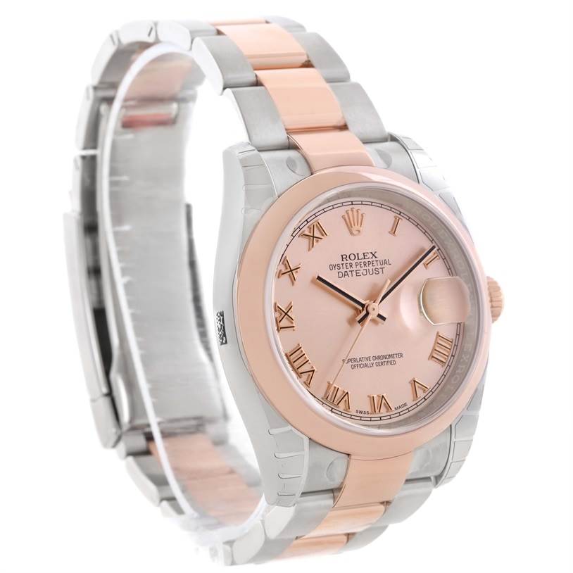 The image shows a pink and silver Rolex Datejust 116201PKRO Men's Steel and Gold (two tone) Pink Dial 116201PKRO Men's Steel and Gold (two tone) Pink Dial watch from a front angle, highlighting the dial, bezel, and bracelet.