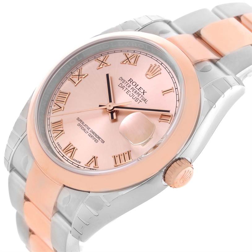 The image shows a Rolex Datejust 116201PKRO Men's Steel and Gold (two tone) Pink Dial 116201PKRO Men's Steel and Gold (two tone) Pink Dial watch at a slight angle, highlighting the dial, bezel, crown, and part of the bracelet.