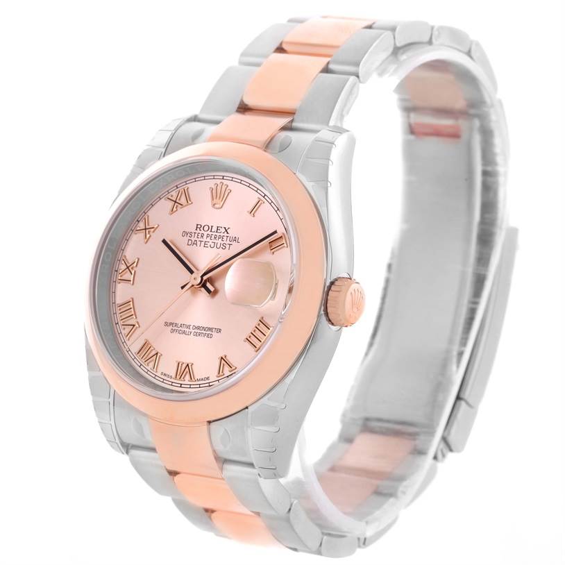 The Rolex Datejust 116201PKRO Men's Steel and Gold (two tone) Pink Dial 116201PKRO Men's Steel and Gold (two tone) Pink Dial watch is shown at an angled view, highlighting its face, bezel, and bracelet.