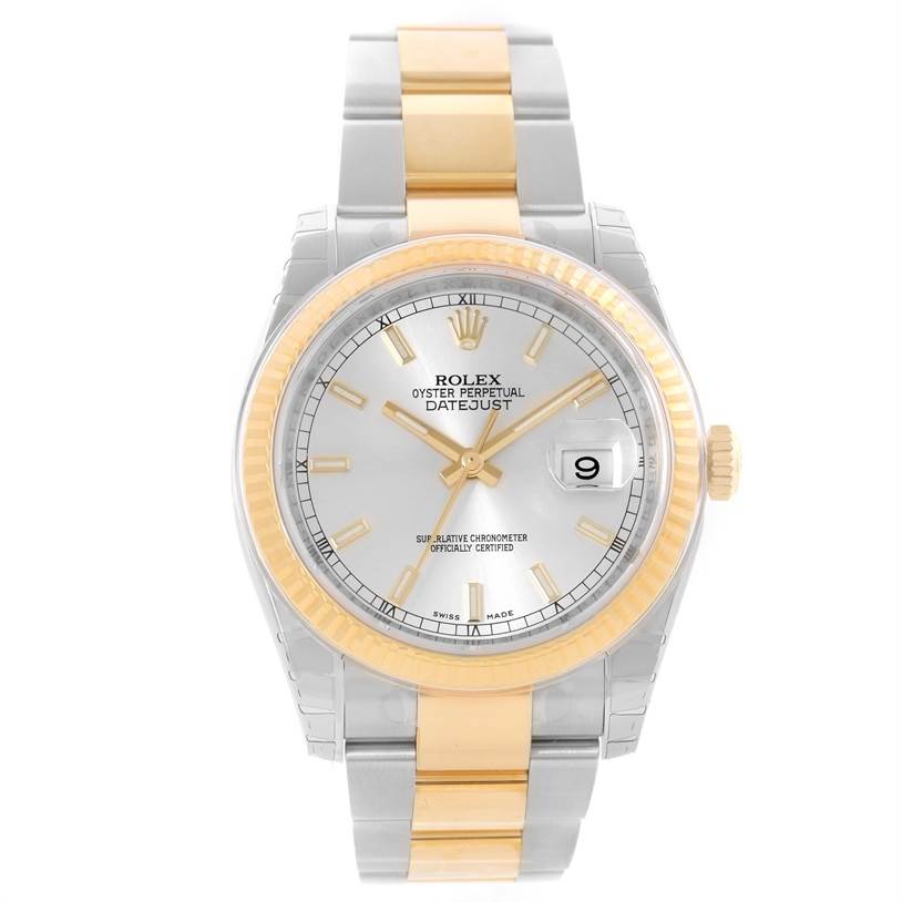 This is a front view of a Rolex Datejust 116233SSO Men
s Stainless Steel Silver Dial 116233SSO Men
s Stainless Steel Silver Dial watch, showcasing the dial, bezel, and bracelet.