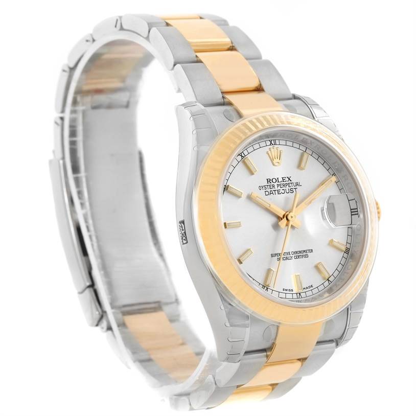 The Rolex Datejust 116233SSO Men
s Stainless Steel Silver Dial 116233SSO Men
s Stainless Steel Silver Dial watch is shown at an angled side view, displaying the face, bezel, and two-tone bracelet.